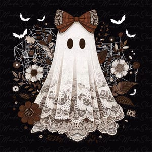 Puede incluir: Un fantasma blanco con un lazo marr&oacute;n y ribete de encaje, rodeado de dise&ntilde;os florales marrones y telara&ntilde;as sobre un fondo negro.
