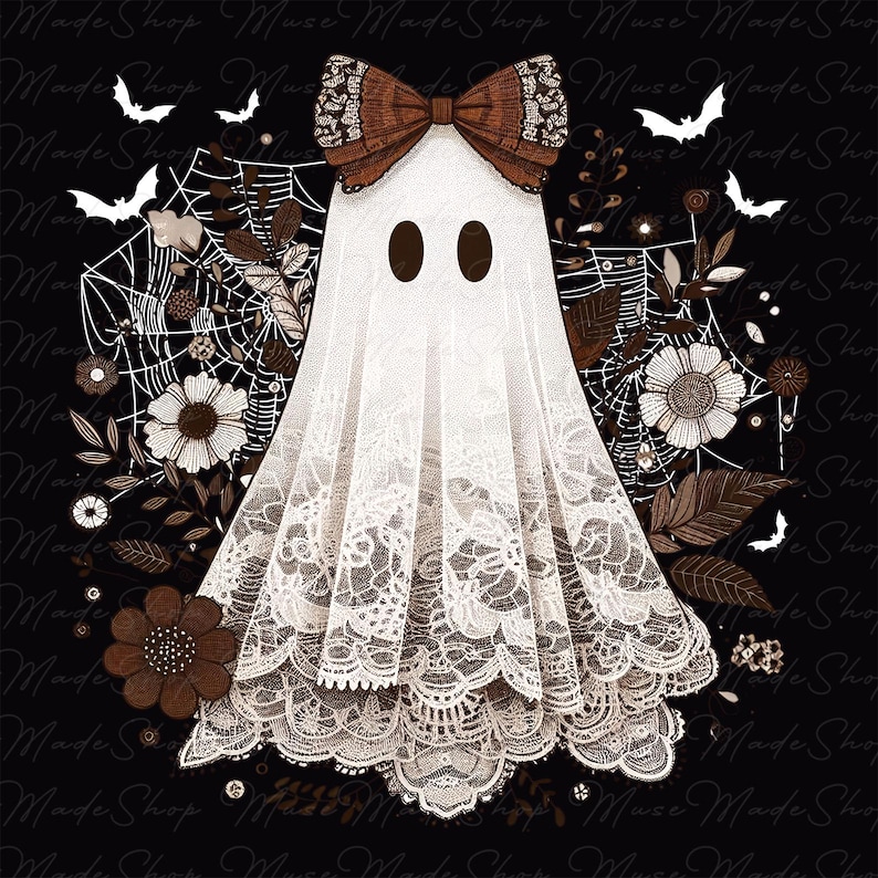 Puede incluir: Un fantasma blanco con un lazo marr&oacute;n y ribete de encaje, rodeado de dise&ntilde;os florales marrones y telara&ntilde;as sobre un fondo negro.