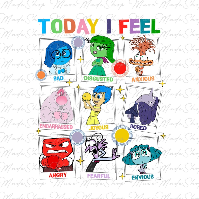 May include: A white background with the text 'TODAY I FEEL' in rainbow colors. There are nine colorful squares with characters from the movie Inside Out. Each square has a different emotion: Sad, Disgusted, Anxious, Embarrassed, Joyous, Bored, Angry, Fearful, Envious.