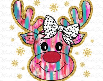 Colorful Coquette Glitter Reindeer Png, Bright Color Christmas Coquette Bow Dalmatian Dots Png, Girly Christmas Reindeer Png, Christmas Png