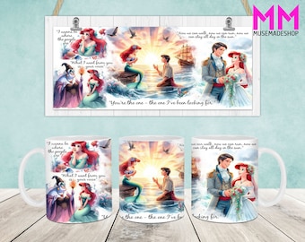 May include: A white ceramic mug with a colorful image of Ariel and Prince Eric from the Disney movie The Little Mermaid. The image includes text from the movie, "Now we can walk, now we can run, now we can stay all day in the sun." and "You're the one - the one I've been looking for."
