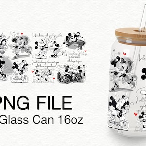 May include: A black and white design featuring Mickey Mouse and Minnie Mouse in various poses with romantic quotes. The design is printed on a clear glass can with a bamboo lid and a straw. The can is 16 ounces.
