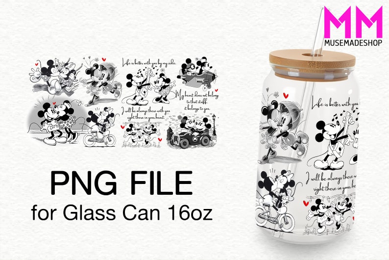 May include: A black and white design featuring Mickey Mouse and Minnie Mouse in various poses with romantic quotes. The design is printed on a clear glass can with a bamboo lid and a straw. The can is 16 ounces.
