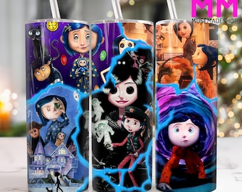 Vaso delgado de 20 oz con personajes de terror PNG, vaso de 20 oz con personajes de Halloween PNG, vaso recto y cónico con envoltura de terror para Halloween