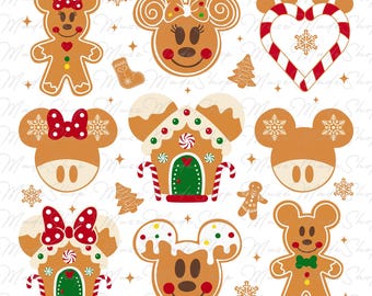 May include: A set of nine gingerbread cookies featuring Mickey Mouse and Minnie Mouse characters. The cookies are decorated with red and white candy canes, icing, and sprinkles. The cookies are ideal for a festive gathering or as a gift.