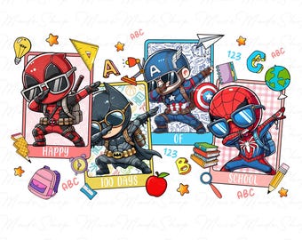 May include: Four colorful cards with cartoon superheroes, each with a different theme: "Happy", "100 Days", "Of", and "School". Each card has a different superhero: Deadpool, Batman, Captain America, and Spiderman. The cards are decorated with school-themed items like pencils, books, and stars.