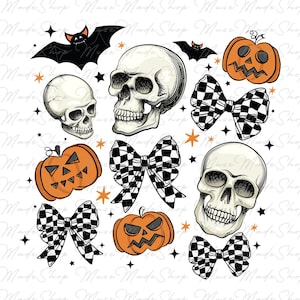 Może przedstawiać: Zestaw cyfrowych grafik Halloweenowych z czarno-białymi kokardkami w kratkę, pomarańczowymi dyniami z twarzami jack-o'-lantern i białymi czaszkami z czarnymi oczami.