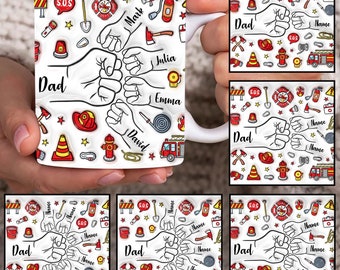 Firefighter Dad 3D Inflated Mug Wrap, Custom Dad Fist Bump 11oz Mug Template, Dad 11oz Mug Png, Fathers Day Coffee Mugs Png, Firefighter Mug