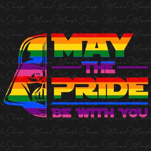 Könnte beinhalten: Ein Schwarzweißbild von Darth Vaders Helm mit einem Regenbogen-Pride-Flaggen-Design. Der Text "Möge die Pride mit dir sein" ist in Regenbogenfarben geschrieben.