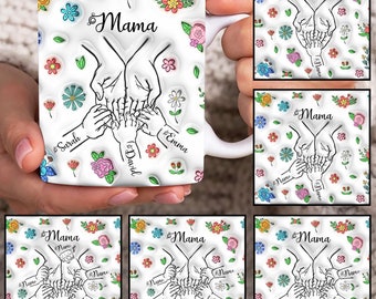 Custom Up to 6 Kids Holding Mom‘s Hand 3D Inflated Mug Wrap, Mama 11oz Mug Template, Mom Floral 11oz Mug Png, Mothers Day Coffee Mugs Png