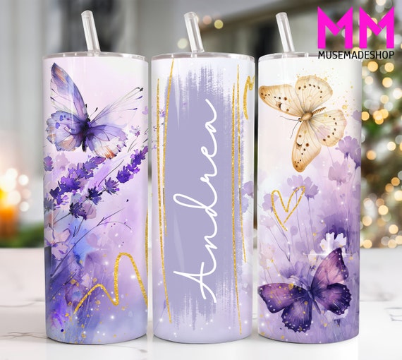 Custom Name Butterfly 20 oz Skinny Tumbler Png, Purple Floral Butterfly  20oz Tumbler Png, Straight and Taper Tumbler Wrap, 20oz Tumbler Wrap