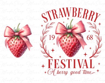 Strawberry Festival 1968 Png, Strawberry Png, Strawberry Coquette Png, Strawberry Bow Png, Trendy Summer Png, Retro Summer Vibes Png