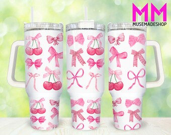 Coquette Bow 40oz Tumbler Png, Cherry Bow Tumbler 40oz Png, Pink Bow 40oz Tumbler Wrap, Aesthetic Bows 40oz Quencher Tumbler