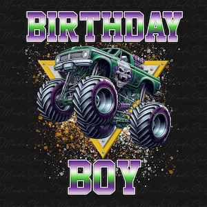 以下が含まれることがあります： 黒い背景に、頭蓋骨のグラフィックと「Birthday Boy」という文字が紫と緑の文字で書かれた緑のモンスタートラックです。