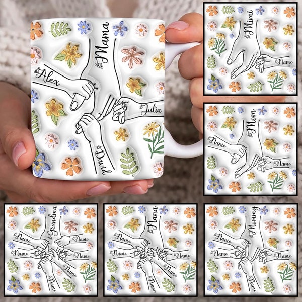 Custom Up to 6 Kids Holding Mom‘s Hand 3D Inflated Mug Wrap, Mama 11oz Mug Template, Mom Floral 11oz Mug Png, Mothers Day Coffee Mugs Png