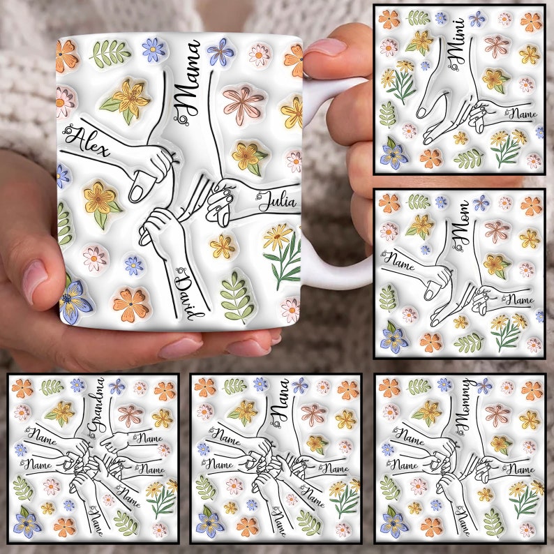 Custom Up to 6 Kids Holding Moms Hand 3D Inflated Mug Wrap, Mama 11oz Mug Template, Mom Floral 11oz Mug Png, Mothers Day Coffee Mugs Png zdjęcie 1