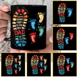 Envoltura de taza inflada 3D personalizada para papá, huella de papá personalizada hasta 6 niños plantilla de taza de 11 oz, taza de papá de 11 oz png, tazas de café del día del padre png