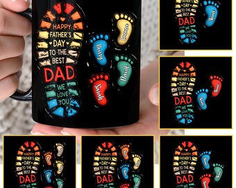 Personalized Dad 3D Inflated Mug Wrap, Custom Dad Footprint Up to 6 Kids 11oz Mug Template, Dad 11oz Mug Png, Fathers Day Coffee Mugs Png