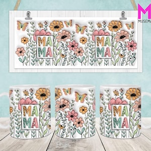 Boho Floral Mama 3D Inflated Mug Wrap, Mama 11oz Mug Template, Floral Mom 11oz Mug Png, Mothers Day Coffee Mugs Png, Mom 3D Puff Mug Wrap