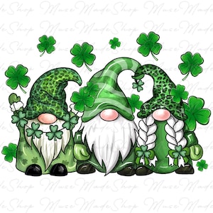 May include: Three gnomes wearing green hats and outfits with shamrock accents. The gnomes are standing on a white background with green shamrocks scattered around them.