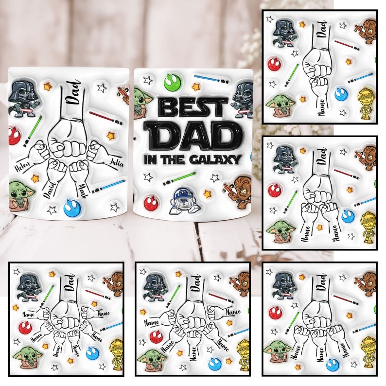 May include: White ceramic mug with a colorful design featuring Star Wars characters, including Yoda, Darth Vader, and R2-D2. The text "Best Dad in the Galaxy" is printed on the mug. The mug is surrounded by smaller images of Star Wars characters and symbols.