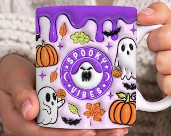 Spooky Vibes 3D Inflated Mug Wrap, Fall 11oz & 15oz Mug Template, Halloween 3D Puff 11oz Mug Png, 15oz Mug Png, Coffee Mugs Png, Mug Press