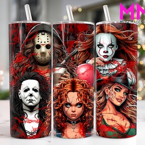 ホラーキャラクター 20 オンス スキニー タンブラー PNG、映画キャラクター 20 オンス タンブラー PNG、ホラー ハロウィーン ストレート アンド テーパー タンブラー ラップ