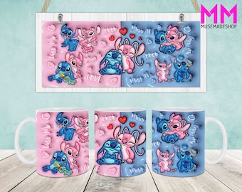 May include: Three white ceramic mugs with a pink, blue, and blue and pink design. The mugs feature cartoon characters from the Disney movie Lilo & Stitch. The text on the mugs reads "Kiss Me" and "Miss U".