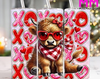 Valentines Highland Kuh 20 Unzen Skinny Tumbler Png, Happy Valentines Day 20 Unzen Tumbler Png, Valentines Day Straight und Taper Tumbler Wrap