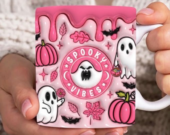 Pink Spooky Vibes 3D Inflated Mug Wrap, Fall 11oz & 15oz Mug Template, Halloween 3D Puff 11oz Mug Png, 15oz Mug Png, Coffee Mugs Png