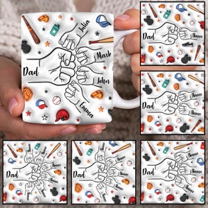 Dad 3D Inflated Mug Wrap, Custom Dad Fist Bump 11oz Mug Template, Dad 11oz Mug Png, Fathers Day Coffee Mugs Png, Custom Kids Names Mug
