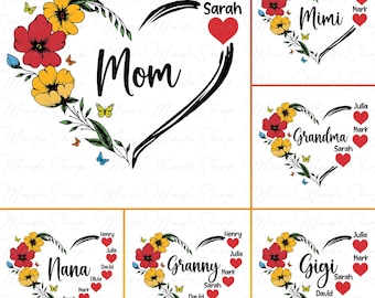 Custom Floral Mama Heart with Kids Name Png, Grandma Shirt with Grandkid Name, Mother's Day Gift Png, Mother's Day Png,Custom Mama Shirt Png