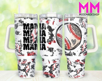 May include: White stainless steel tumbler with a black and red baseball themed design. The tumbler has a handle and a lid. The design features the word "mania" repeated four times, a baseball with a heart, and lightning bolts.