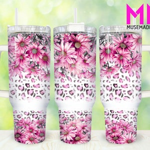 Pink Floral 40oz Tumbler Png, Leopard Floral Tumbler 40oz Png, Pink Flower 40oz Tumbler Wrap, 40oz Quencher Tumbler Wrap, Sublimation Design