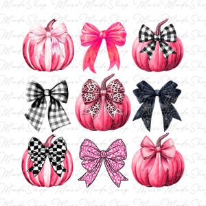 May include: Nine watercolor illustrations of pink pumpkins with different colored bows. The bows are pink, black and white checkered, leopard print, black and white checkered, and black with spiderwebs.