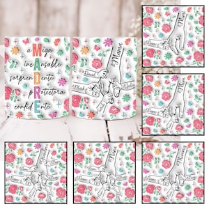 Custom Up to 6 Kids Holding Mom‘s Hand 3D Inflated Mug Wrap, Madre 11oz Mug Template, Mom Floral 11oz Mug Png, Spanish Mothers Day Mug Png