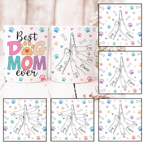 Puede incluir: Taza de cerámica blanca con un diseño colorido que dice "Best Dog Mom Ever". La taza también presenta un diseño de huella de pata y un gráfico de patas de perro dando un high five. El texto "Dog" está escrito en cada pata y el texto "Name" está escrito en la parte superior del gráfico.