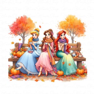 May include: An illustration of three princesses sitting on a wooden bench, each holding a teacup. They are surrounded by pumpkins, autumn leaves, and trees with orange and red foliage. The princesses wear colorful dresses and scarves.