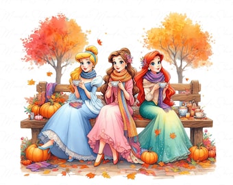 Watercolor Cartoon Princess Fall Png, Princess Autumn Png, Cozy Season Png, Retro Thanksgiving Png, Spooky Vibes, Fall Pumpkin Coffee Png