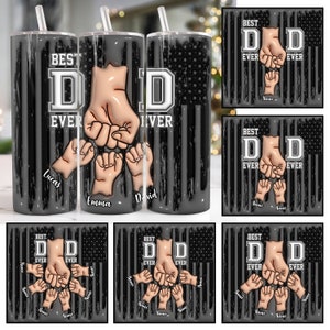 Può includere: Un set di tre bicchieri in acciaio inossidabile con un design a bandiera americana in bianco e nero. I bicchieri presentano il testo "Best Dad Ever" e un design di pugni che si scontrano. I bicchieri sono personalizzati con i nomi "Lucas", "Emma" e "David".