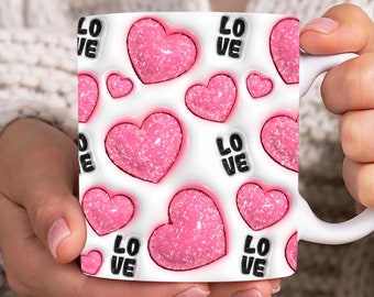 Envoltura de taza inflada 3D de corazones de brillo rosa, plantilla de taza de hojaldre 3D de pareja de corazón de 11 oz, taza de amor de 11 oz png, tazas de café 3D de amor de pareja png