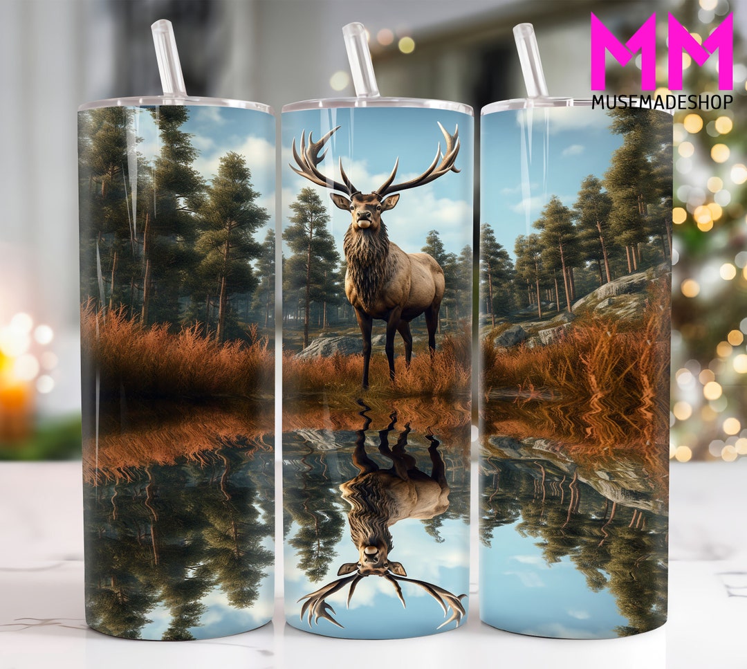Hunting Deer 20 Oz Skinny Tumbler Png, Deer With Reflection in a Lake ...