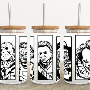 Horror Characters 16oz Glass Can Wrap, Halloween 16 oz Glass Can Png, 16 oz Libbey Glass Can Wrap, 16 oz Tumbler Wrap Png,Sublimation Design
