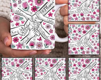 Custom Up to 6 Kids Holding Mom‘s Hand 3D Inflated Mug Wrap, Mama 11oz Mug Template, Mom Floral 11oz Mug Png, Mothers Day Coffee Mugs Png