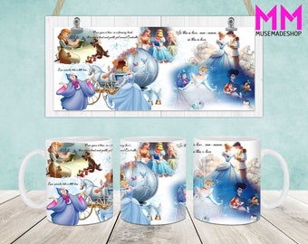 May include: A white ceramic mug with a colorful image of Cinderella and Prince Charming from the Disney movie Cinderella. The image includes text that says "So this is love, ma-mии, so this is love".