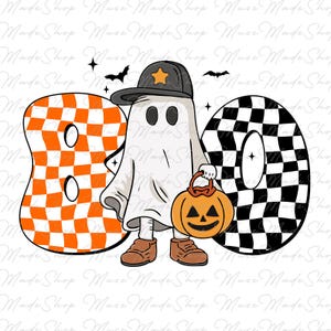 Halloween Ghost Png, Boo Ghost Halloween Pumpkin Checker Retro Ball Cap Hat Boy Kids Png, Halloween Png, Retro Halloween Png, Spooky Season