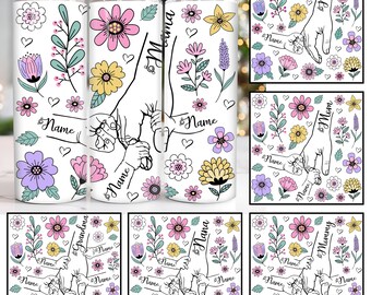 Custom Up to 6 Kids Holding Mom‘s Hand 20 oz Skinny Tumbler Png, Mothers Day 20oz Tumbler Png, Straight and Taper Tumbler Wrap