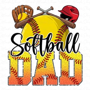Op de afbeelding: Softball Dad-afbeelding met een gele softball, een rood-witte baseballpet en gekruiste knuppels. De tekst is zwart met een verweerde look en de achtergrond is een gele en oranje ombre met een luipaardprint.