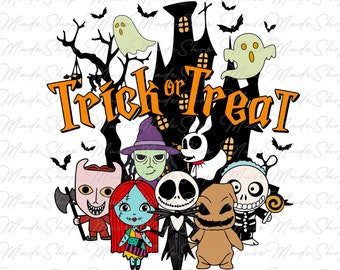 May include: A colorful illustration of various Halloween characters, including Jack Skellington, Sally, and Oogie Boogie, with the text "Trick or Treat" in orange and black letters.