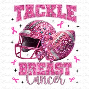 Può includere: Casco da football americano e pallone da football glitter rosa con un nastro rosa e le parole "Tackle Breast Cancer".